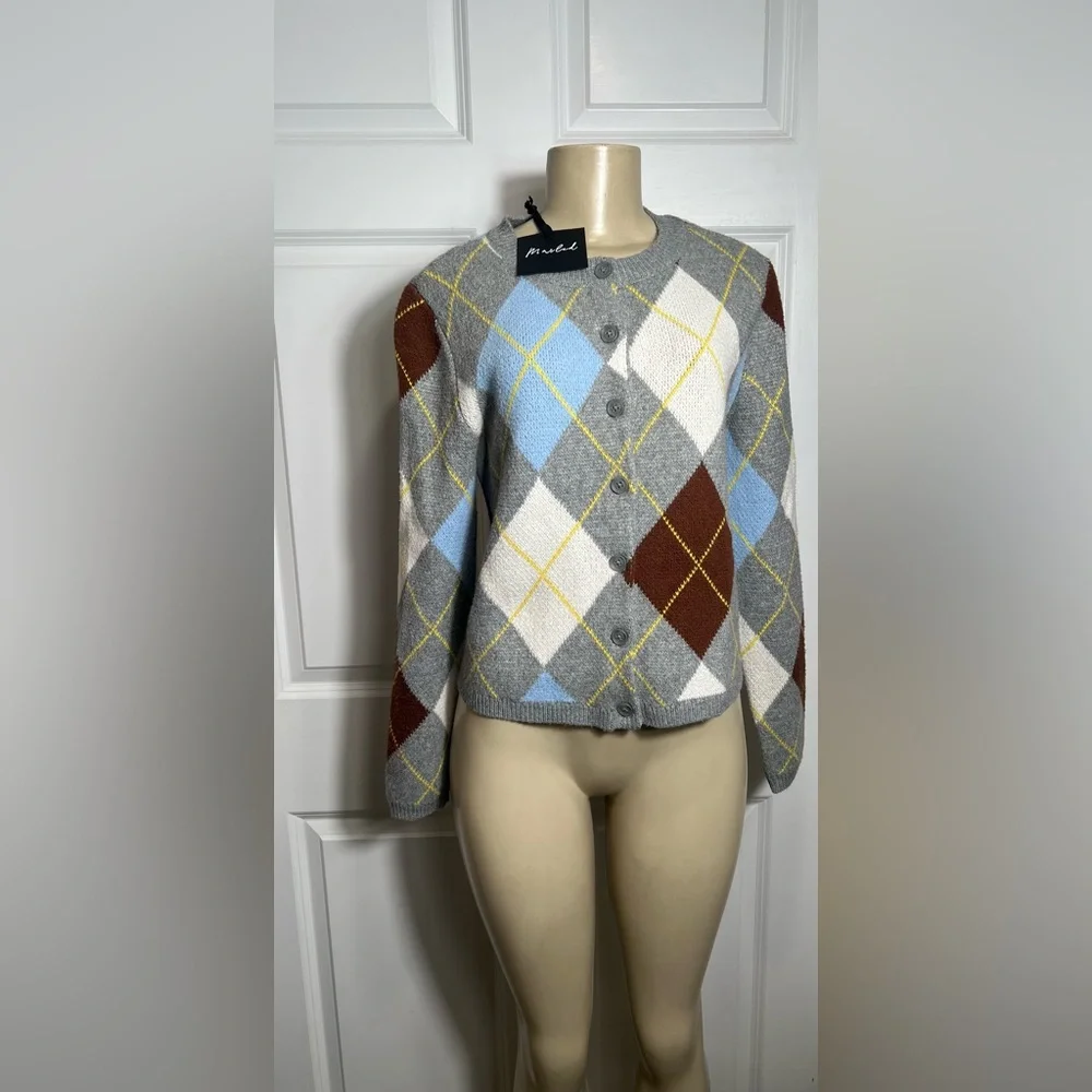 Marled Aggie Argyle Plaid Button-Up Boxy Fit Round Neck Cardigan Sweater_5